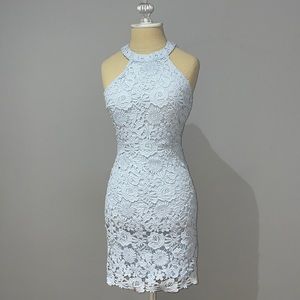 Light Blue crochet high neck halter  mini dress